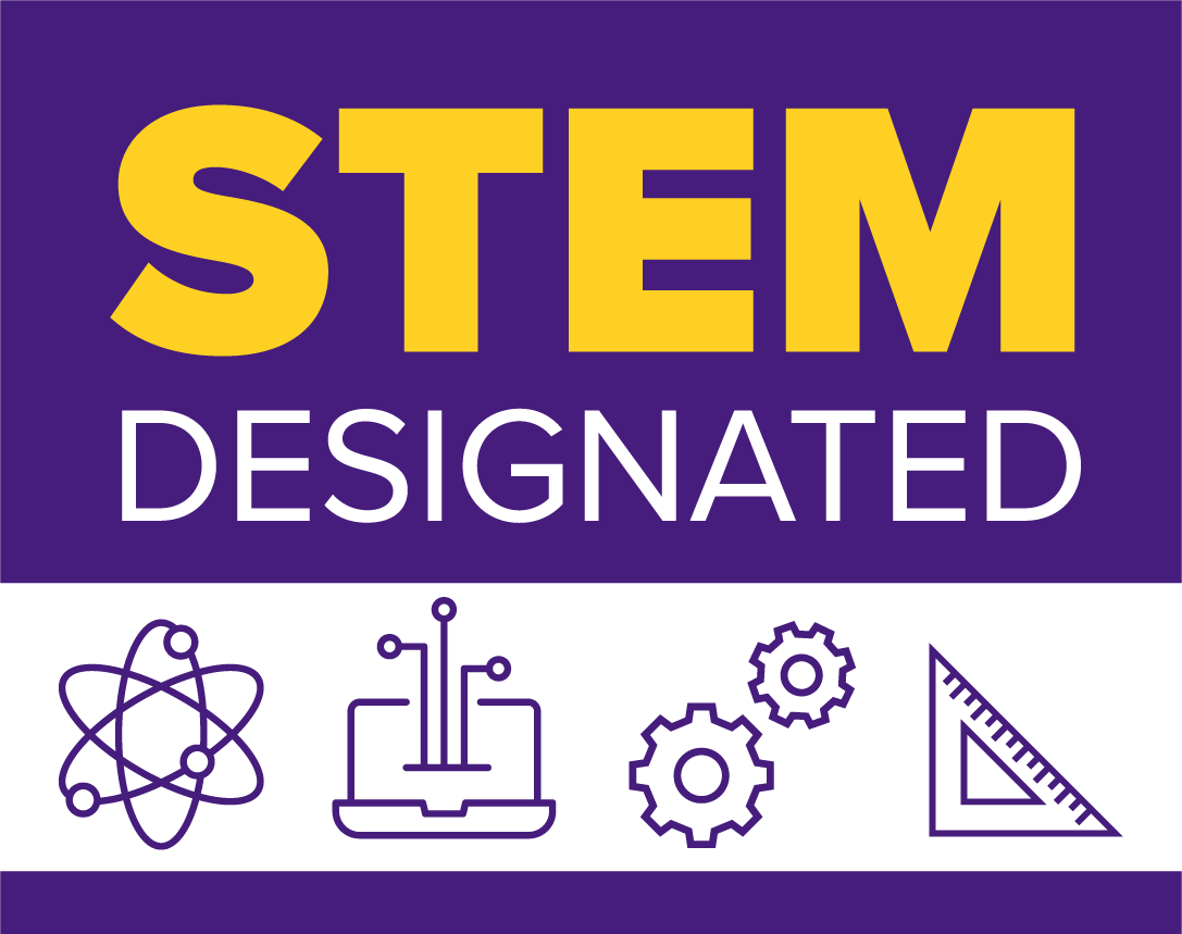 STEM Designated in gold with purple icons representing science, computers, entiennering, and math. 