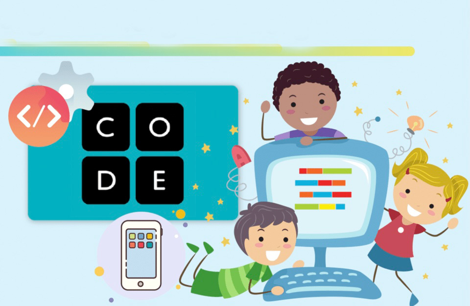 cartoon children coding