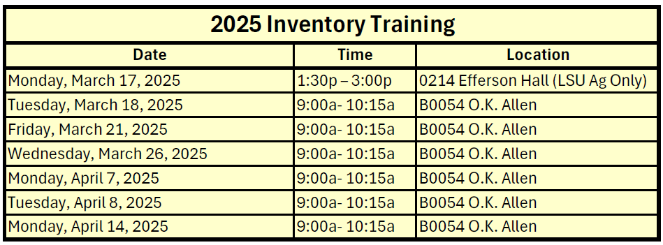 2025 Inventory Training Schedule