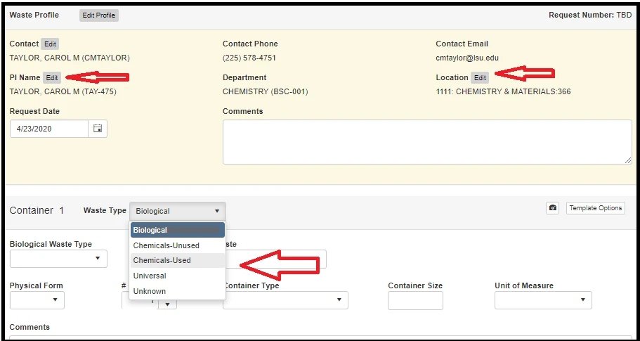 Waste profile page with arrows pointing to PI Name, Location, and waste type.