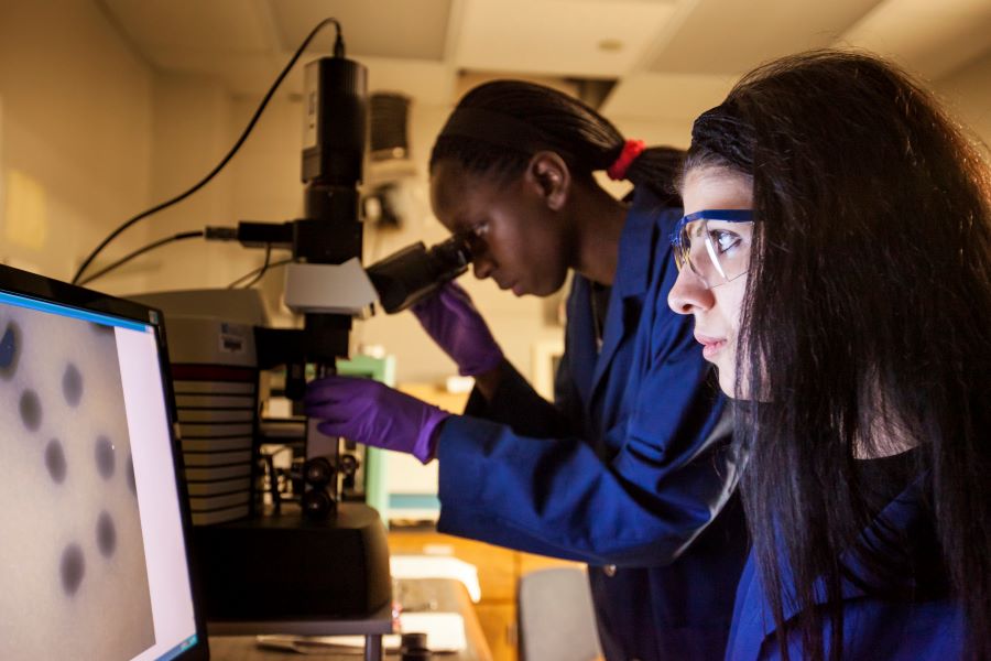 two students work in a science lab